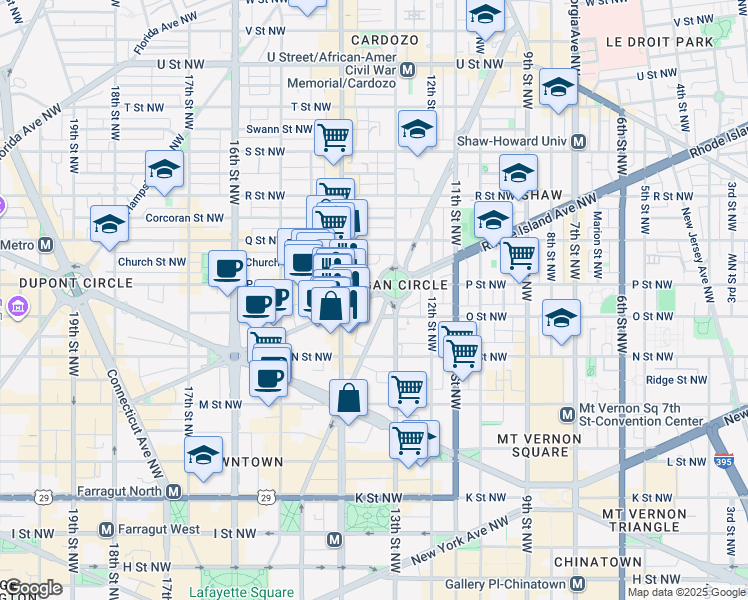 map of restaurants, bars, coffee shops, grocery stores, and more near 1322 Rhode Island Avenue Northwest in Washington