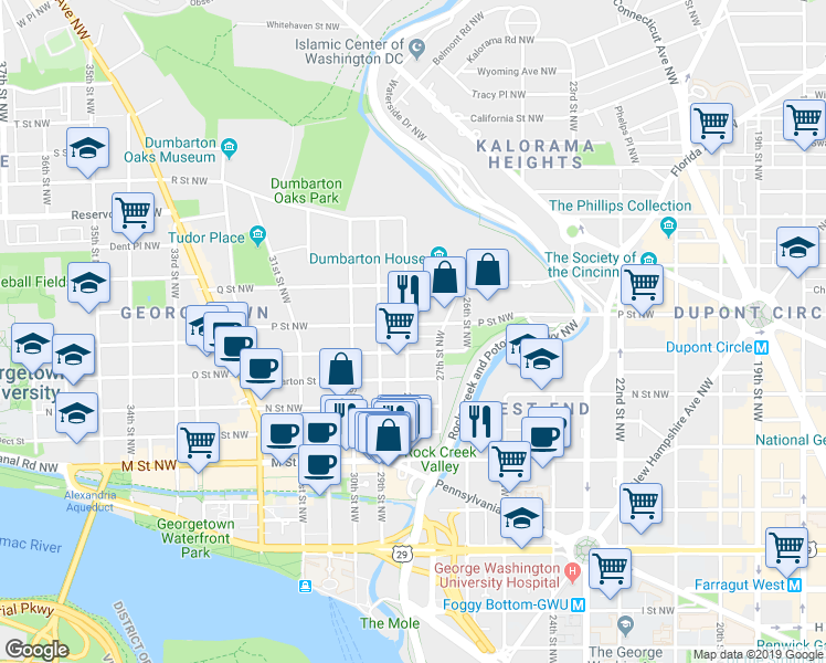 map of restaurants, bars, coffee shops, grocery stores, and more near 1421 28th Street Northwest in Washington