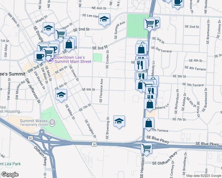 map of restaurants, bars, coffee shops, grocery stores, and more near 600 Southeast 6th Street in Lee's Summit