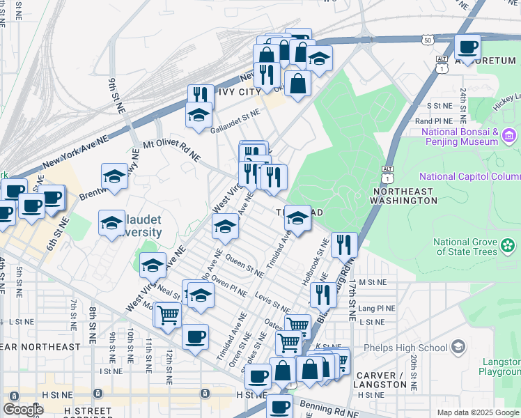 map of restaurants, bars, coffee shops, grocery stores, and more near 101 Independence Avenue Southeast in Washington