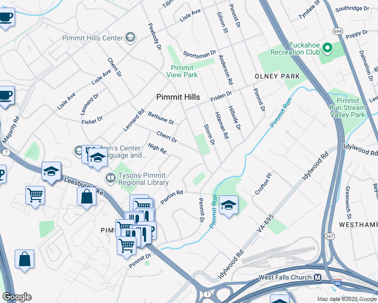 map of restaurants, bars, coffee shops, grocery stores, and more near 2046 Cherri Drive in Falls Church