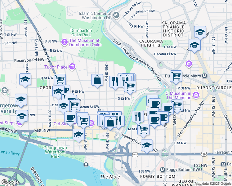 map of restaurants, bars, coffee shops, grocery stores, and more near 1421 28th Street Northwest in Washington