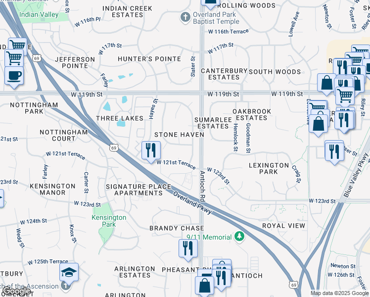 map of restaurants, bars, coffee shops, grocery stores, and more near 12114 Slater Street in Overland Park