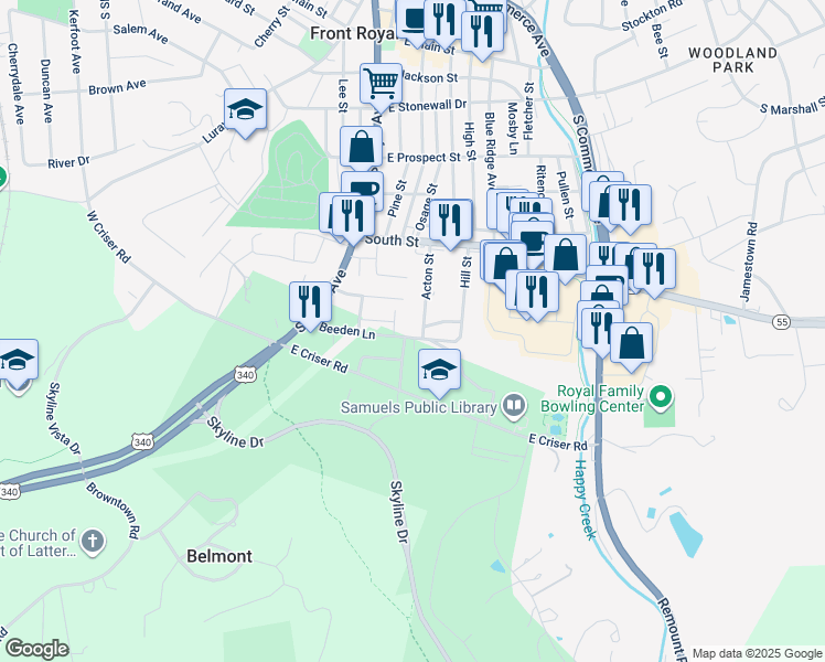 map of restaurants, bars, coffee shops, grocery stores, and more near 142 Beeden Lane in Front Royal