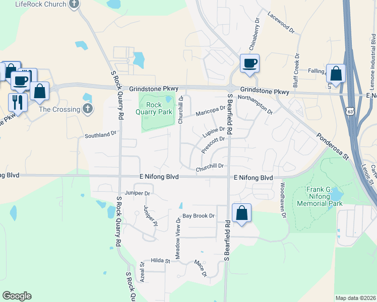 map of restaurants, bars, coffee shops, grocery stores, and more near 3710 Lupine Drive in Columbia