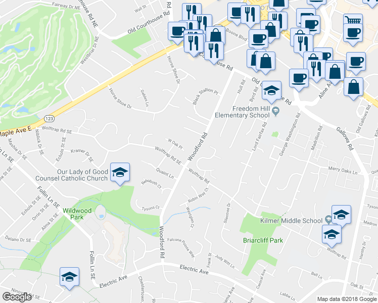 map of restaurants, bars, coffee shops, grocery stores, and more near 8500 West Oak Place in Vienna