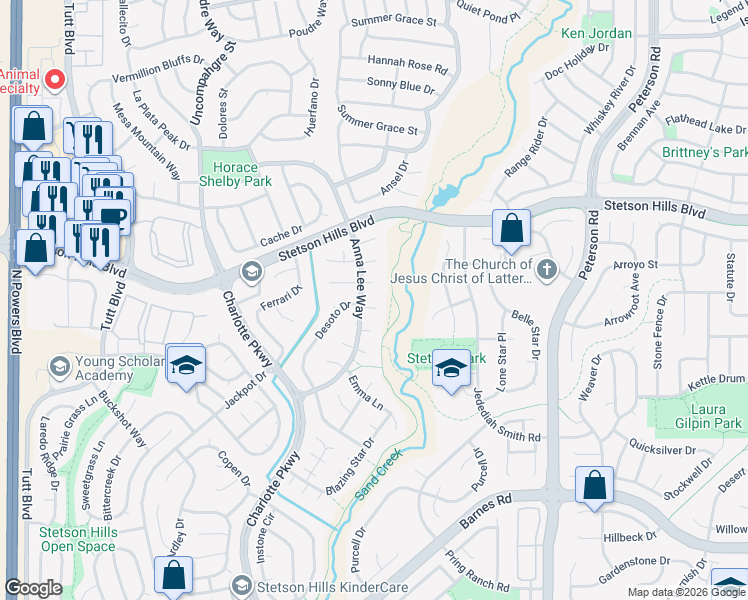 map of restaurants, bars, coffee shops, grocery stores, and more near 6140 Jaffee Court in Colorado Springs