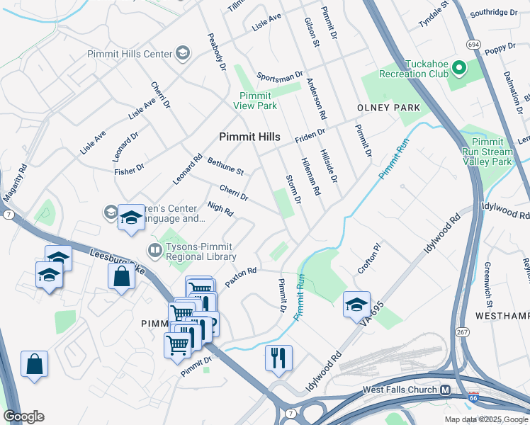 map of restaurants, bars, coffee shops, grocery stores, and more near 2046 Cherri Drive in Falls Church