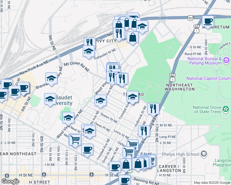 map of restaurants, bars, coffee shops, grocery stores, and more near 101 Independence Avenue Southeast in Washington