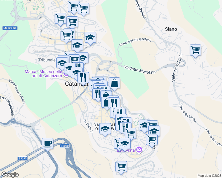 map of restaurants, bars, coffee shops, grocery stores, and more near 26 Via Domenico Milelli in Catanzaro