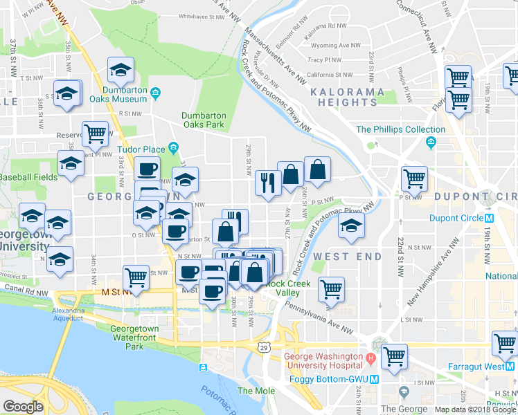map of restaurants, bars, coffee shops, grocery stores, and more near 2810 P Street Northwest in Washington