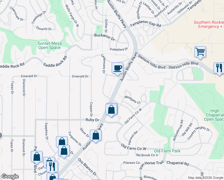 map of restaurants, bars, coffee shops, grocery stores, and more near 4770 Farmingdale Drive in Colorado Springs