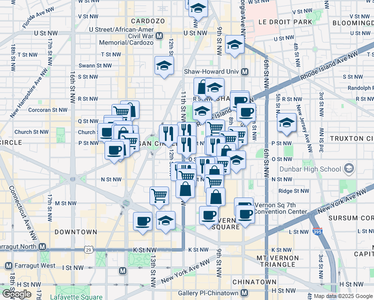 map of restaurants, bars, coffee shops, grocery stores, and more near 1425 11th Street Northwest in Washington