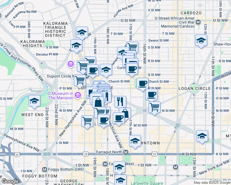 map of restaurants, bars, coffee shops, grocery stores, and more near 1750 P Street Northwest in Washington