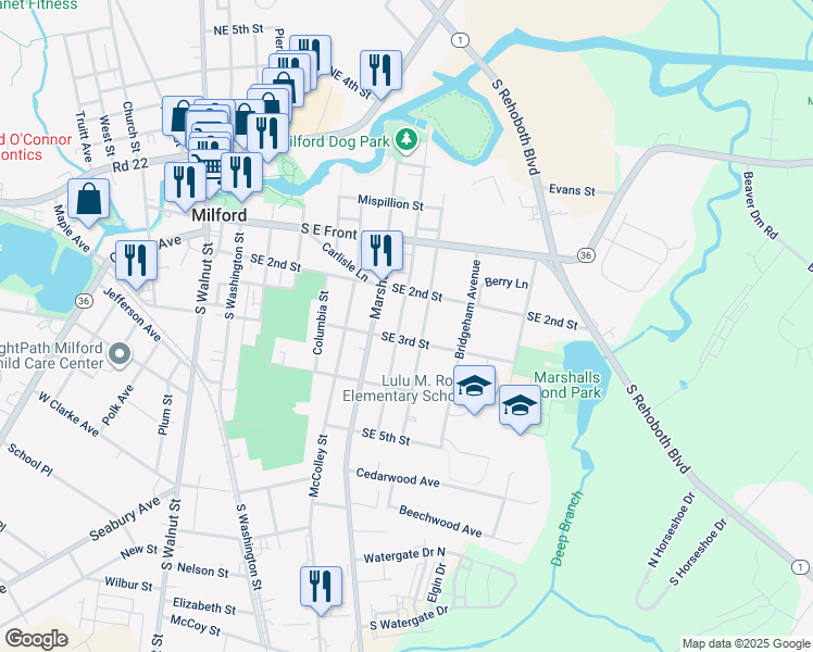 map of restaurants, bars, coffee shops, grocery stores, and more near 205 Fisher Avenue in Milford
