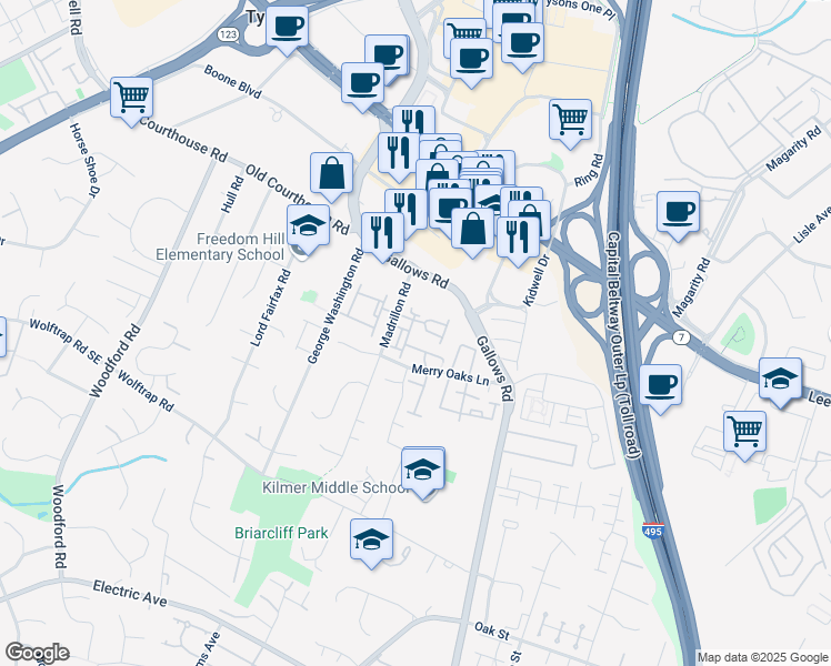 map of restaurants, bars, coffee shops, grocery stores, and more near 2007 Madrillon Springs Court in Vienna