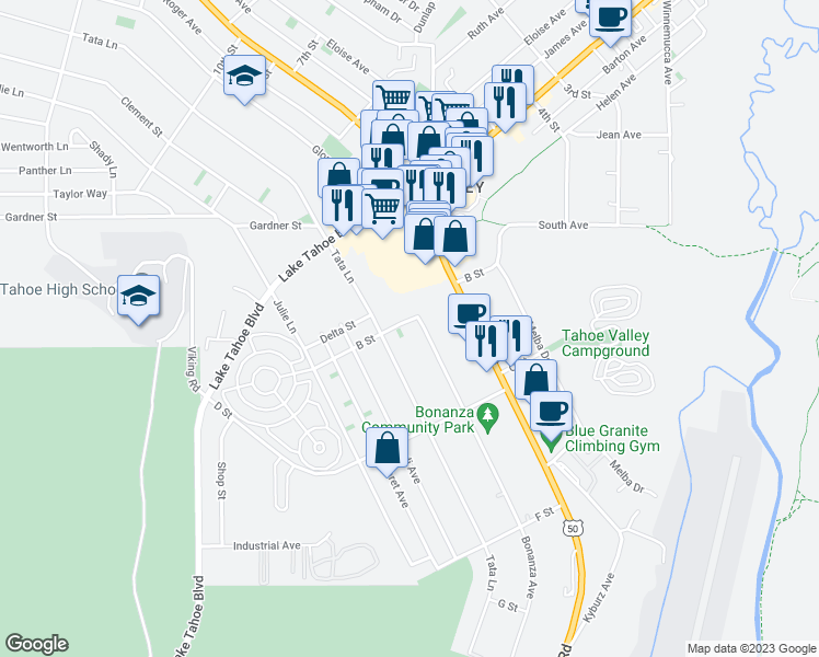 map of restaurants, bars, coffee shops, grocery stores, and more near 1116 Bonanza Avenue in South Lake Tahoe