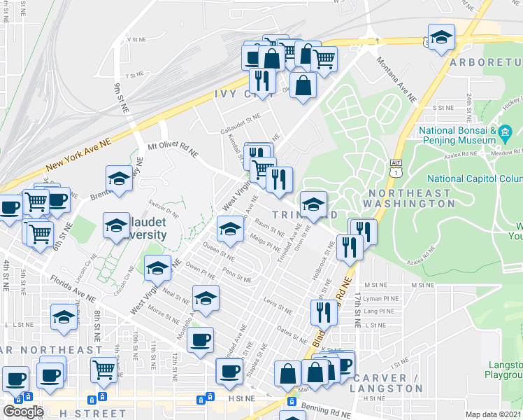 map of restaurants, bars, coffee shops, grocery stores, and more near 101 Independence Avenue Southeast in Washington