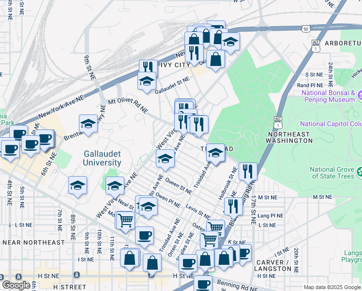 map of restaurants, bars, coffee shops, grocery stores, and more near 101 Independence Avenue Southeast in Washington