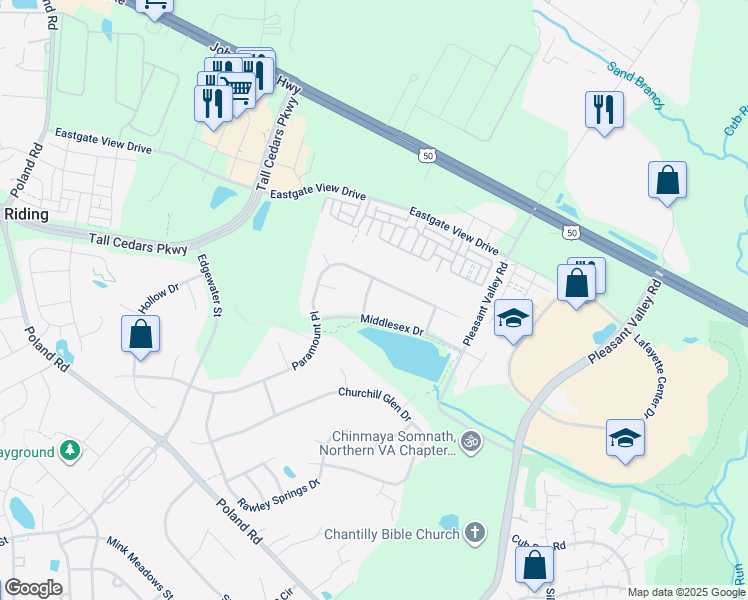 map of restaurants, bars, coffee shops, grocery stores, and more near 25574 Falling Spring Way in Chantilly