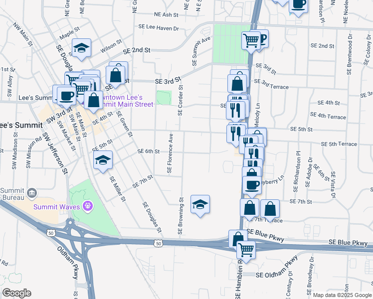 map of restaurants, bars, coffee shops, grocery stores, and more near 602 Southeast Browning Street in Lee's Summit
