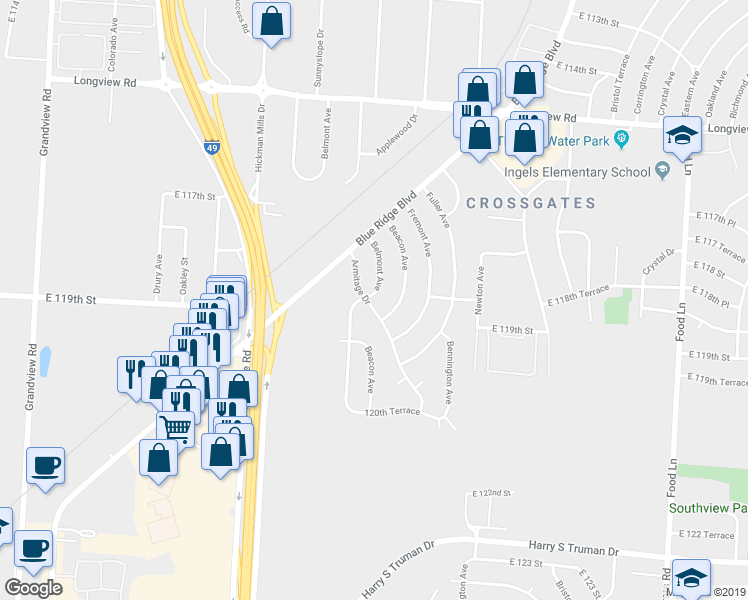 map of restaurants, bars, coffee shops, grocery stores, and more near in Grandview
