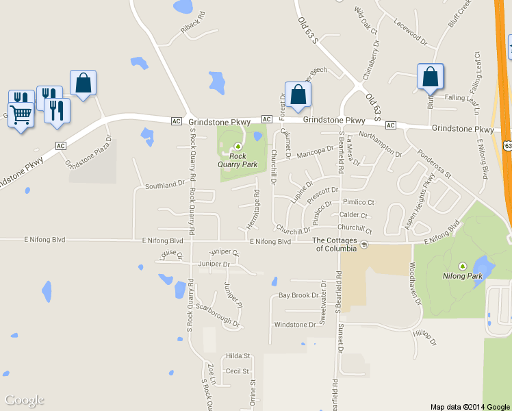 map of restaurants, bars, coffee shops, grocery stores, and more near 3713 Hermitage Road in Columbia