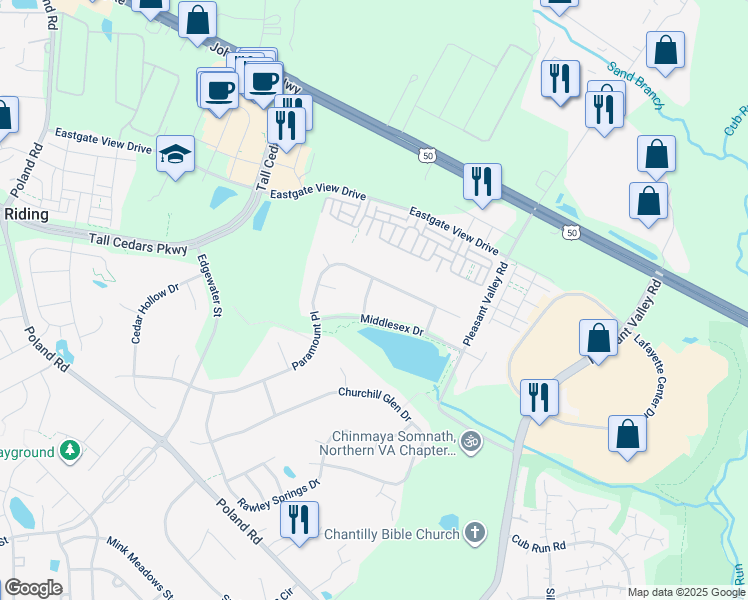 map of restaurants, bars, coffee shops, grocery stores, and more near 25574 Falling Spring Way in Chantilly