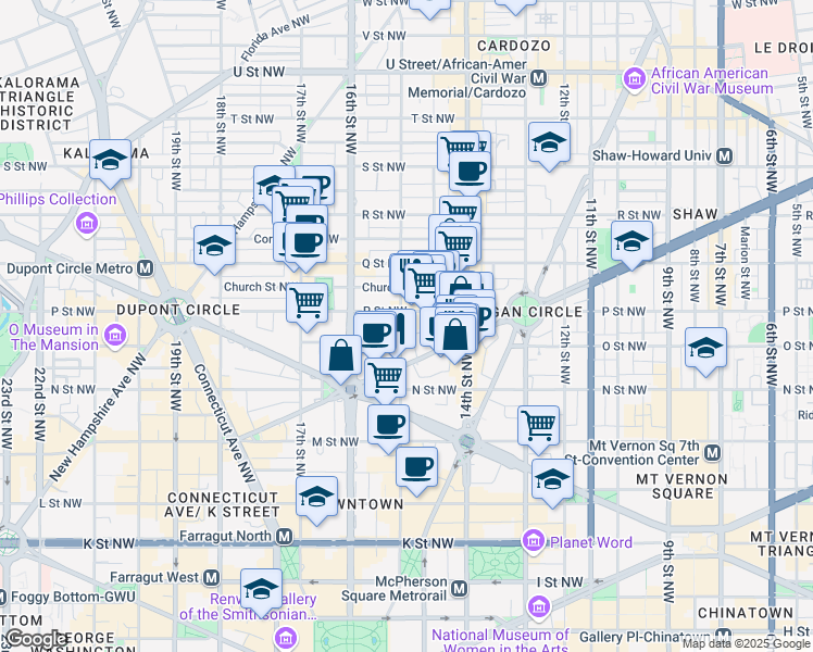 map of restaurants, bars, coffee shops, grocery stores, and more near 1405 15th Street Northwest in Washington