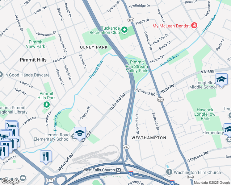 map of restaurants, bars, coffee shops, grocery stores, and more near 2009 Friendship Lane in Falls Church