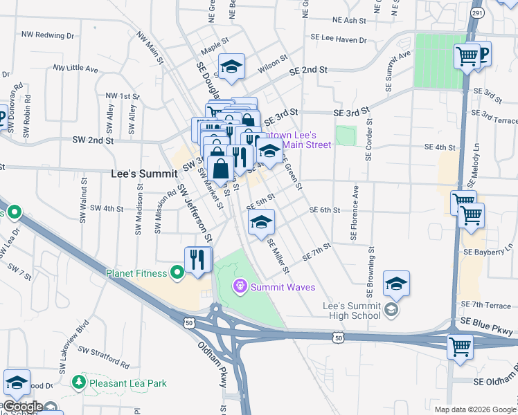 map of restaurants, bars, coffee shops, grocery stores, and more near 504 Southeast Miller Street in Lee's Summit