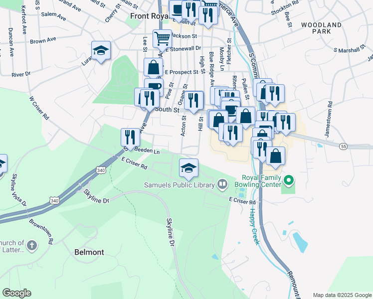 map of restaurants, bars, coffee shops, grocery stores, and more near 219 Midway Avenue in Front Royal