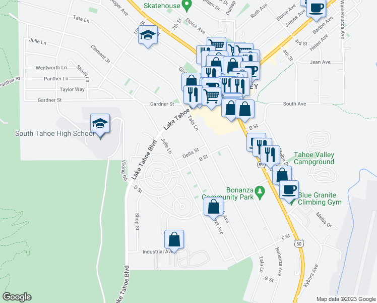 map of restaurants, bars, coffee shops, grocery stores, and more near 1883 Delta Street in South Lake Tahoe