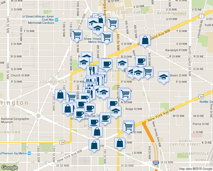 map of restaurants, bars, coffee shops, grocery stores, and more near 1401 7th Street Northwest in Washington