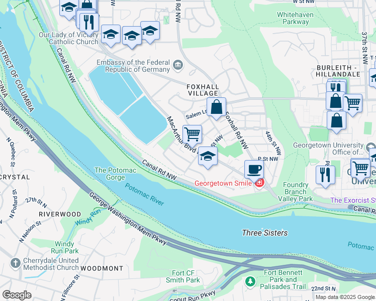 map of restaurants, bars, coffee shops, grocery stores, and more near 4564 MacArthur Boulevard Northwest in Washington