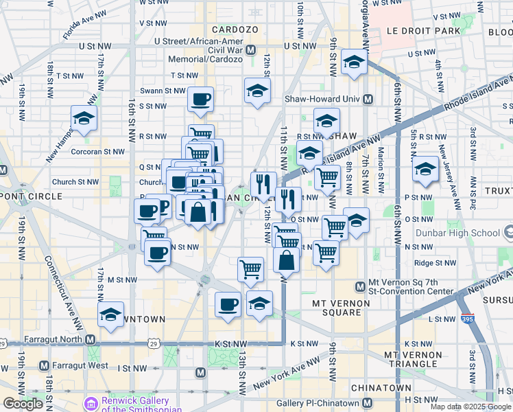 map of restaurants, bars, coffee shops, grocery stores, and more near 23 Logan Circle Northwest in Washington