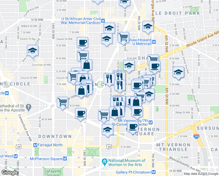 map of restaurants, bars, coffee shops, grocery stores, and more near 1422 12th Street Northwest in Washington
