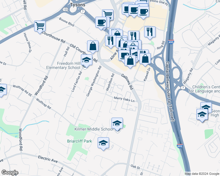 map of restaurants, bars, coffee shops, grocery stores, and more near 2014 Madrillon Springs Court in Vienna