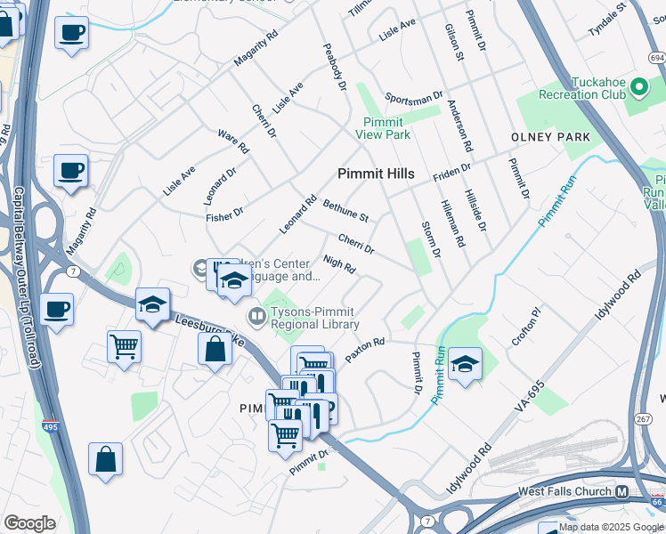 map of restaurants, bars, coffee shops, grocery stores, and more near 7435 Nigh Road in Falls Church