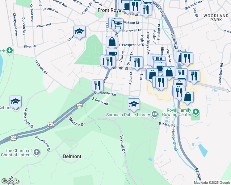 map of restaurants, bars, coffee shops, grocery stores, and more near 115 McClendon Drive in Front Royal