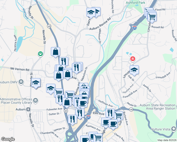 map of restaurants, bars, coffee shops, grocery stores, and more near 738 Mikkelsen Drive in Auburn