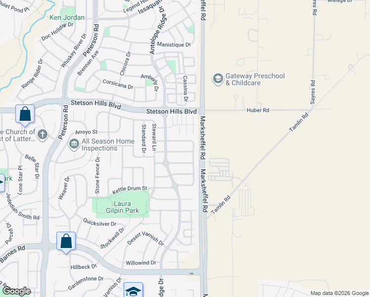 map of restaurants, bars, coffee shops, grocery stores, and more near 7736 Blue Vail Way in Colorado Springs