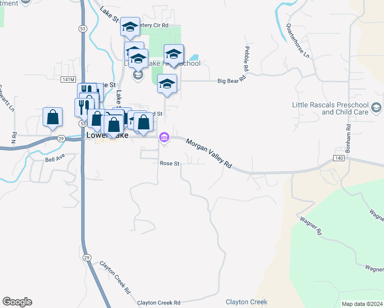 map of restaurants, bars, coffee shops, grocery stores, and more near 16550 Rose Street in Lower Lake