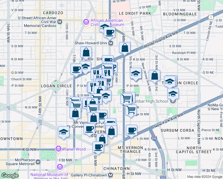 map of restaurants, bars, coffee shops, grocery stores, and more near 1401 7th Street Northwest in Washington