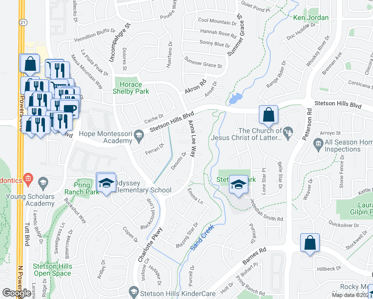 map of restaurants, bars, coffee shops, grocery stores, and more near 5913 Desoto Drive in Colorado Springs