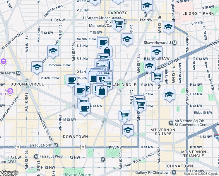 map of restaurants, bars, coffee shops, grocery stores, and more near 1317 Rhode Island Avenue Northwest in Washington