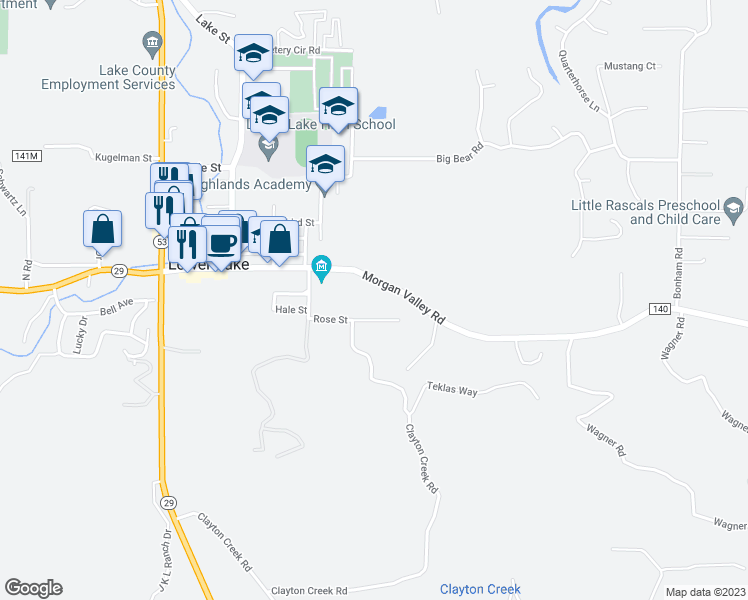 map of restaurants, bars, coffee shops, grocery stores, and more near 16550 Rose Street in Lower Lake