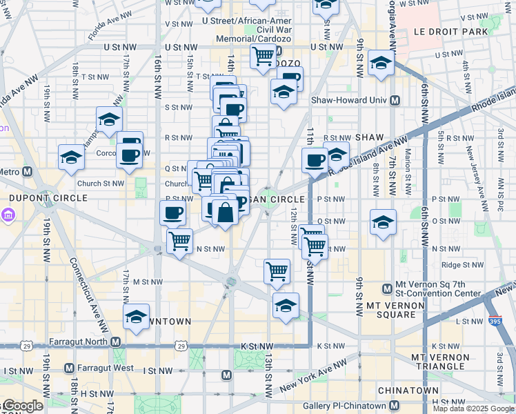 map of restaurants, bars, coffee shops, grocery stores, and more near 1306 Rhode Island Avenue Northwest in Washington
