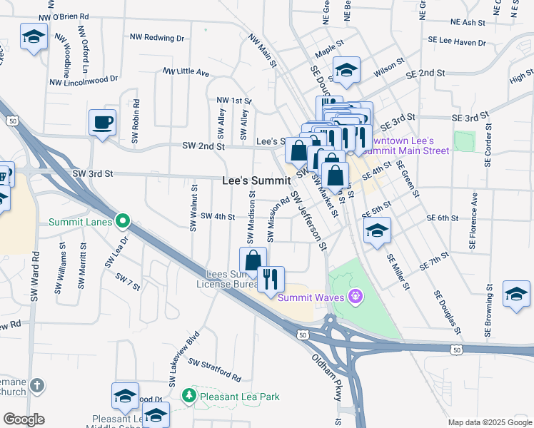 map of restaurants, bars, coffee shops, grocery stores, and more near 210 Southwest 4th Street in Lee's Summit