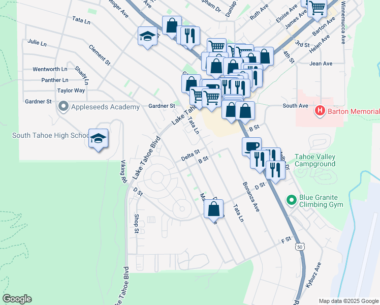 map of restaurants, bars, coffee shops, grocery stores, and more near 1064 Dedi Avenue in South Lake Tahoe
